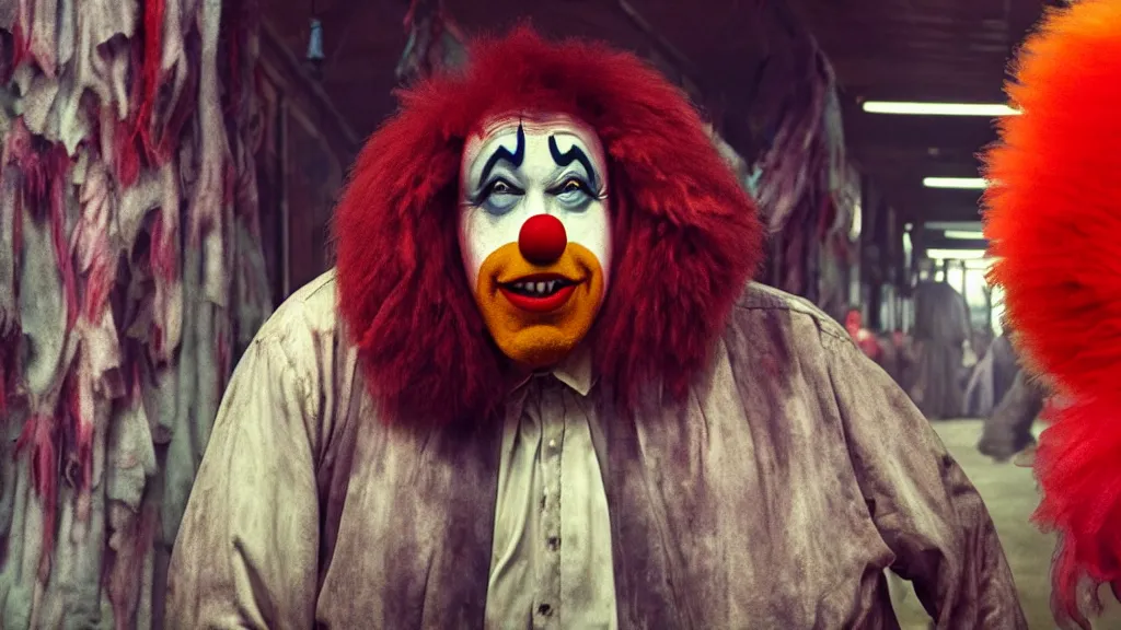 Image similar to the clown monster at the fair, they scare me, film still from the movie directed by denis villeneuve and david cronenberg with art direction by salvador dali and dr. seuss