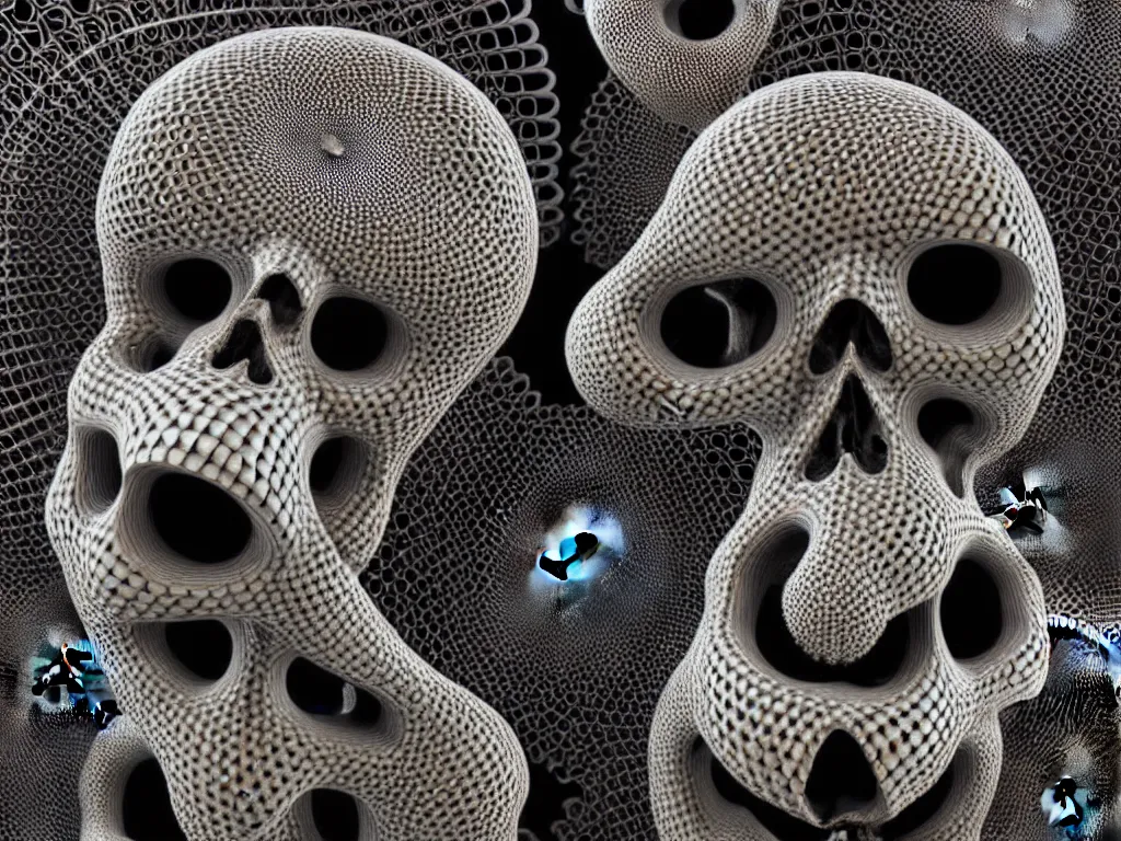 Prompt: infinite endless zoom skulls by ernst haeckel daniel martin dias style + roots sculpture ornamental, sacred geometry trending on pinterest, deviant art and artstation, cgi, fractal, hypermaximalism, terraform studio, tryptamine, mandelbulb 3 d, pentagon geometry, fractal neurons, fibonacci, portal, 8 k