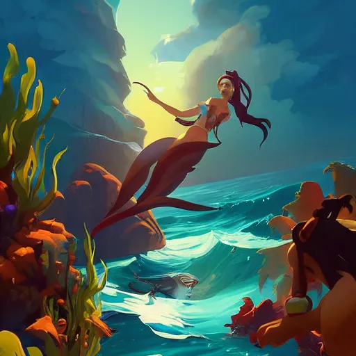 Image similar to painting mermaid treasure on sea of thieves game avatar hero smooth face median photoshop filter cutout vector, behance hd by jesper ejsing, by rhads, makoto shinkai and lois van baarle, ilya kuvshinov, rossdraws global illumination