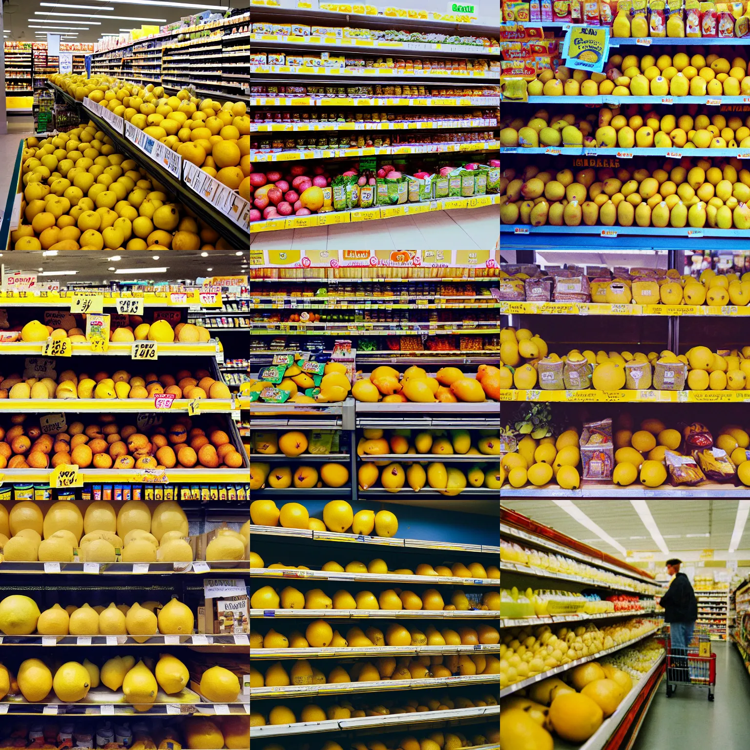 Prompt: supermarket shelves full of lemons, realistic, portra 4 0 0