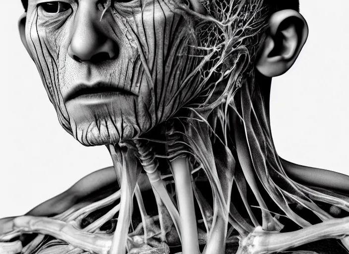 Prompt: mid shot portrait of samurai with transparent skin, visible muscle and bones and veins and nerves and internal organs, in the style of david cronenberg, high fashion, id magazine, realistic, sharp focus, 8 k high definition, film photography, photo realistic, insanely detailed, by david kostic and stanley lau and artgerm