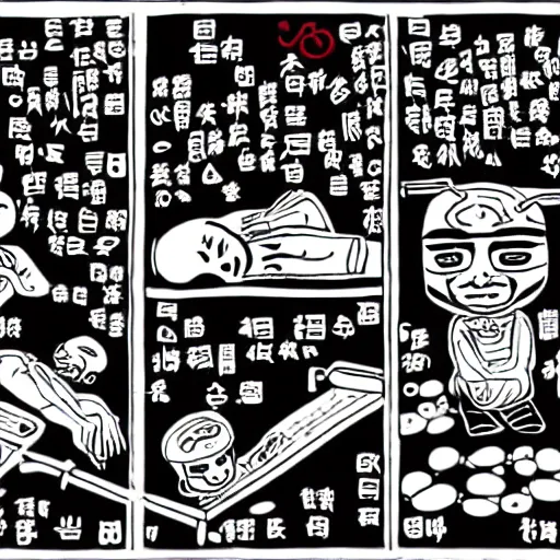 Image similar to chinese surgeons at an operating table, in the style of daniel johnston and outsider art, 8k, line brush, minimal, overlaid with chinese caligraphy