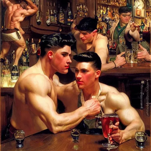 Prompt: drinking their hearts out, in a pub. pants, attractive muscular male with red hair and attractive muscular male with black hair. very defined and highly detailed painting by j. c. leyendecker, gaston bussiere, craig mullins 8 k