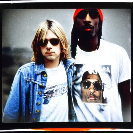 Prompt: Polaroid photograph of Kurt Cobain and Tupac Shakur, candid, annie leibovitz, detailed, XF IQ4, 150MP, 50mm, F1.4, ISO 200, 1/160s, natural light, Adobe Lightroom, photolab, Affinity Photo, PhotoDirector 365,