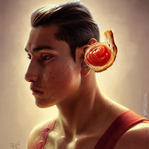 Prompt: portrait of a young rugged chicken sandwich , extra onions and ketchup, luscious patty with sesame seeds, handsome, D&D, fantasy, intricate, elegant, highly detailed, digital painting, sweaty meat, artstation, concept art, matte, sharp focus, illustration, art by Artgerm and Greg Rutkowski and Alphonse Mucha