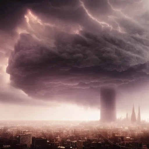 Image similar to enormous creature towering over a city during a thunderstorm with fog, hyper realistic, 8 k, unreal engine