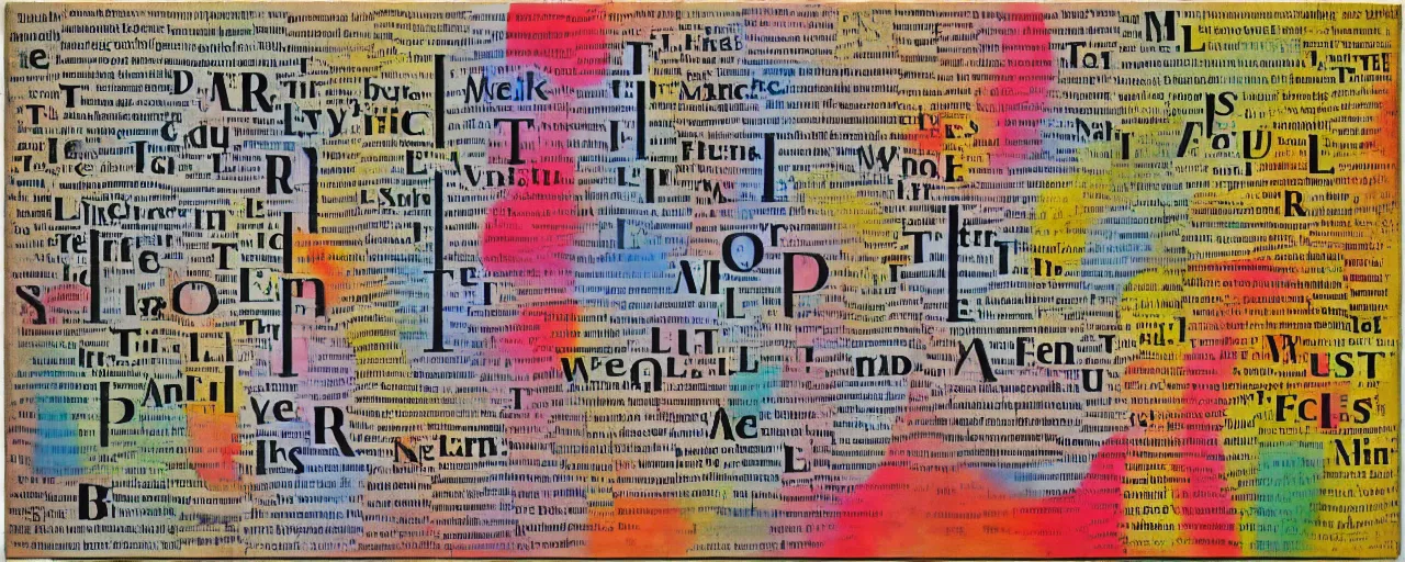 Prompt: a typographic painting of words and letters, by Marinetti, oil paint, Concrete poetry, futurism, abstract, collage, words, Highly Detailed