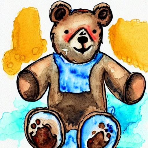 Prompt: man transforming into teddy bear afraid fear watercolor children's illustration