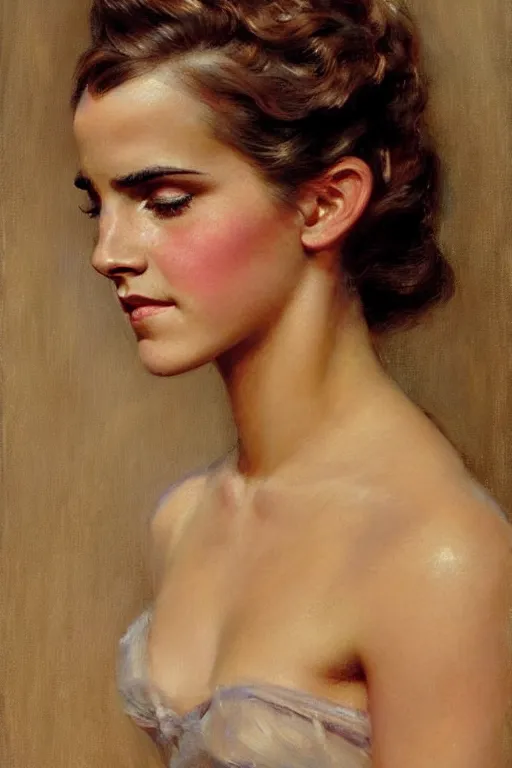 Prompt: detailed portrait of a beautiful emma watson 1 9 5 0 s hairstyle muscular, painting by gaston bussiere, craig mullins, j. c. leyendecker