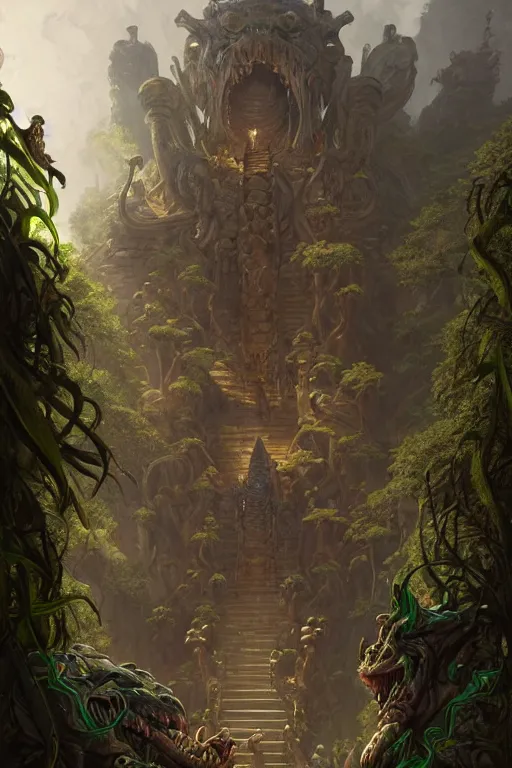 Image similar to deadly path to the crocodile god lair, menacing statues, deep focus, d & d, fantasy, intricate, elegant, highly detailed, digital painting, artstation, concept art, matte, sharp focus, illustration, hearthstone, art by artgerm and greg rutkowski and alphonse mucha