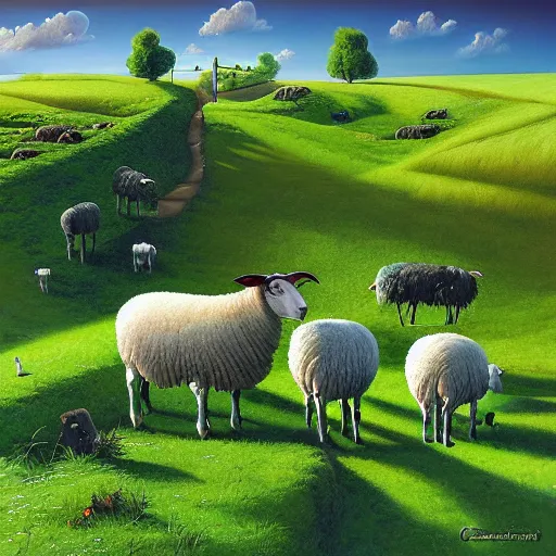 Image similar to sheep in pastoral scene, verdant valley, splendor, by gediminas pranckevicius