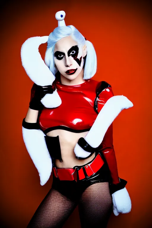 Image similar to lady gaga in harley quinn costume attacked by stuffed toy, luxury materials, symmetrical, cinematic, elegant, professional studio light, real dlsr photography, sharp focus, 4 k, ultra hd, sense of awe, high fashion