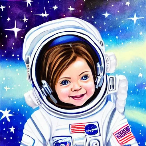 Prompt: a cute little girl with a round cherubic face, blue eyes, and short wavy light brown hair smiles as she floats in space with stars all around her. she is an astronaut, wearing a space suit. beautiful painting with highly detailed face by artgerm and quentin blake