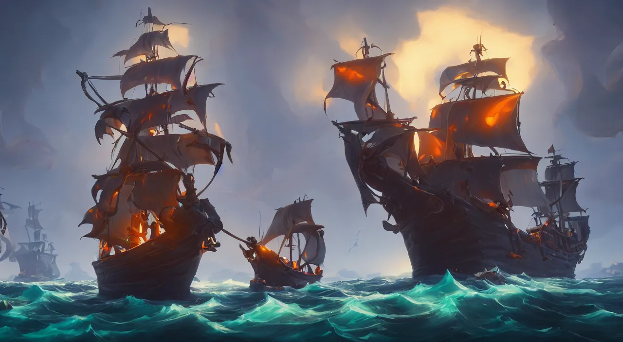 Image similar to a wide shot of a stylized 3D CGI fortnite pirate ghost ship with the black Jolly Roger flag, fantasy art overwatch and heartstone, by RHADS, symmetrical, cgsociety, artstation hq, octane render, 8k,