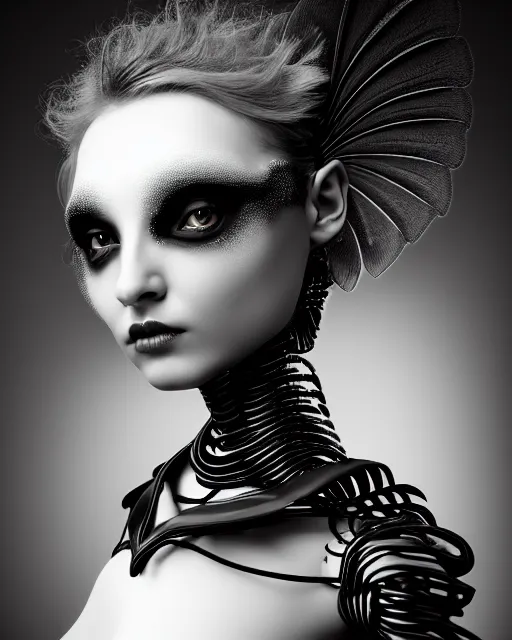 Image similar to surreal mythical dreamy dark artistic black and white fine art 3 / 4 fashion portrait photo of a young beautiful delicate female robot - witch - owl with orchid - doll face, rim light, cinematic, studio dramatic light, poetic, masterpiece, octane render, 8 k, photo - realistic by gustave dore hg giger