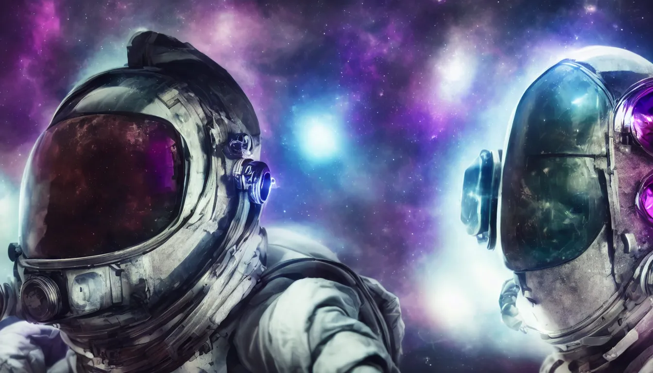 Prompt: photorealistic scene of one cyberpunk astronaut helmet with light reflection looking at space with purple cosmos background, extremely close shot, 8k, cinematic, epic