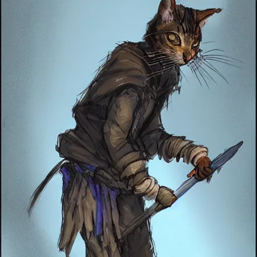 Prompt: humanoid homeless cat wearing rags, concept art, d & d, fantasy