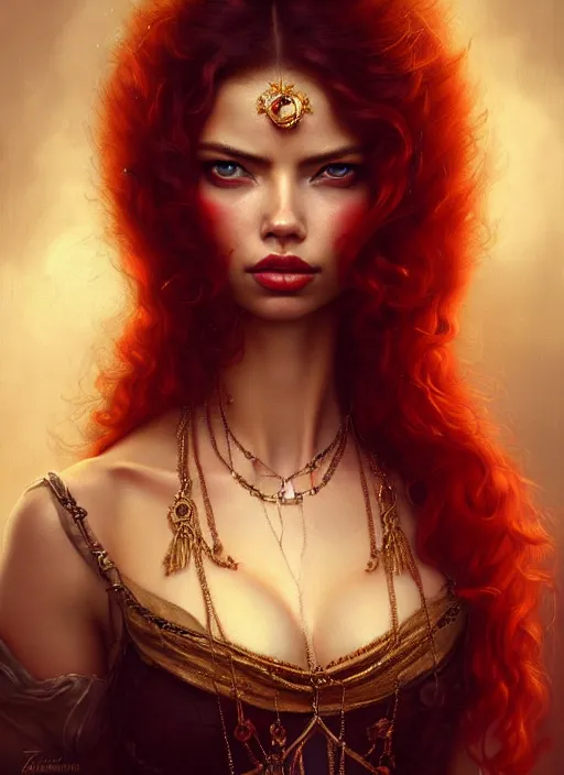 Prompt: a beautiful woman with baroque dress, red hair, gold necklace, adriana lima, painted by artgerm and tom bagshaw, by rembrandt fantasy art, dramatic lighting, highly detailed oil painting