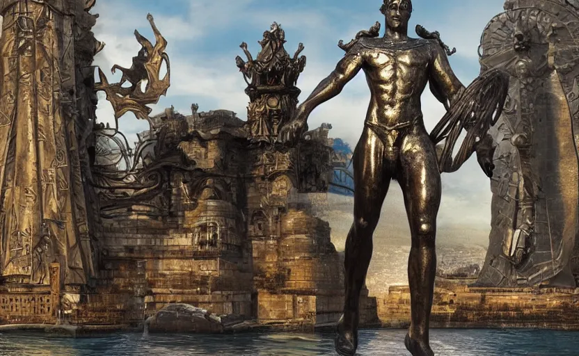 Prompt: A large brass statue of a wizard guarding the entrance to a port, landscape art, concept art, fantasy, inspiring, colossus of rhodes, legs open