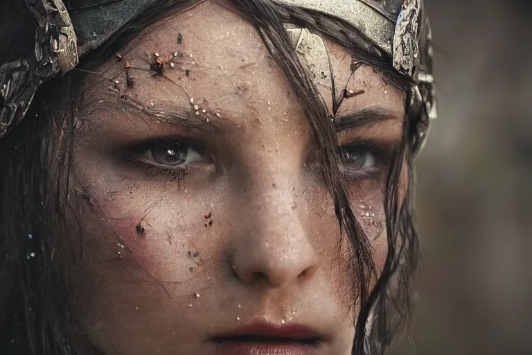 Image similar to close - up photo of a beautiful warrior princess in a battle scene, detailed eyes, shallow depth of field, photorealistic, cinematic lighting, warm colours, dusk