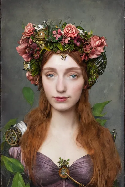 Prompt: close-up portrait of a beautiful young cyborg woman with a big steampunk flower crown, Pre-Raphaelite