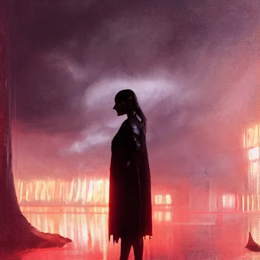 Image similar to silhouette of Elle Fanning in the world of Dante’s Inferno, stormy weather, extremely detailed masterpiece, oil on canvas, low-key neon lighting, artstation, Blade Runner 2049, Roger Deakin’s cinematography, by J. C. Leyendecker and Peter Paul Rubens,