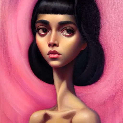 Image similar to ☁🌪🌙👩🏾, soft elegant gown, neon god of city character portrait, in the style of margaret keane, moebius, tom bagshaw, and waterhouse, cinematic lighting, beautiful, elegant, oil painting,