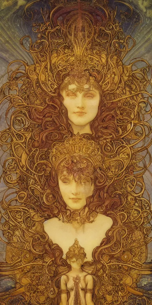 Prompt: portrait burning saint face, venus, athena, halo, by alphons mucha and annie swynnerton and jean delville, strong dramatic cinematic lighting, ornate headdress, flowing robes, spines, flowers, stars, lost civilizations, smooth, sharp focus, extremely detailed, marble, molten gold, space