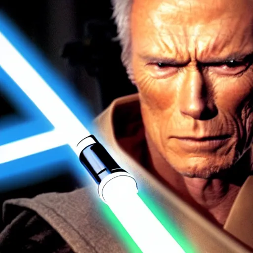 Image similar to clint eastwood holding blue lightsaber in star wars episode 3, 8k resolution, full HD, cinematic lighting, award winning, anatomically correct