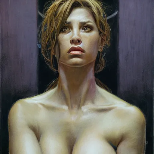 Image similar to frontal portrait of a bulky female survivor in a city, by donato giancola.