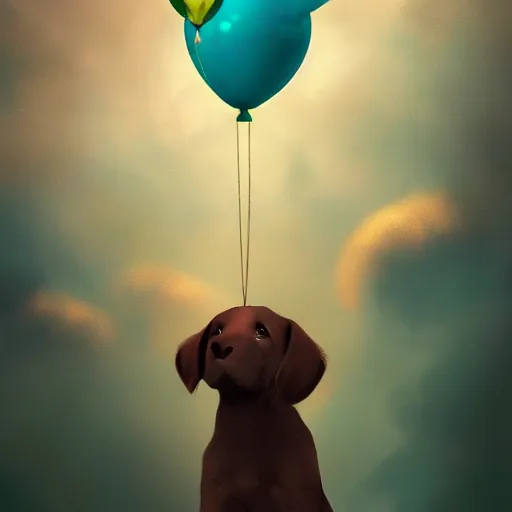 Image similar to puppy high in the air holding balloons, 8k, fantasy, intricate, cinematic lighting, highly detailed, digital painting, artstation, concept art, smooth, sharp focus, illustration, by Pixar