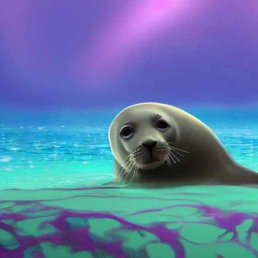 Image similar to Prince in pastel!!!!, A seal sleeping peacefully in a kelp forest, cinematic, hyper realistic, detailed, 8k, octane render.