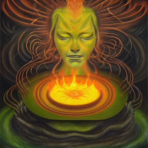 Image similar to a demon meditating near a zen garden with a lava waterfall in hell and opening a portal to heaven by amanda sage and anton semenov, oil on canvas 8k, dramatic lighting