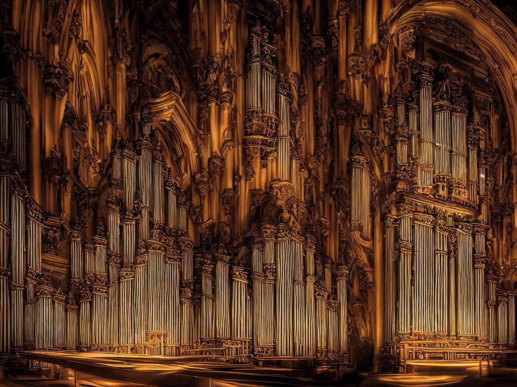 Image similar to hyper realistic photo of a million pipe organ interior volumetric lights designed by alan lee and caravaggio