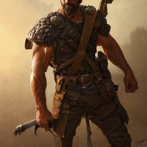 Image similar to portrait of a rugged ranger, muscular, upper body, blood, D&D, fantasy, intricate, elegant, highly detailed, digital painting, artstation, concept art, smooth, sharp focus, illustration, art by artgerm and greg rutkowski and alphonse mucha