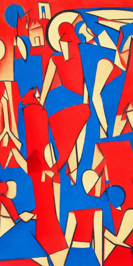 Image similar to A group of girls in red dresses were dancing beneath a cluster of collapsing tall buildings, and a strong light shone from the blue sky, Fortunato Depero painting style.