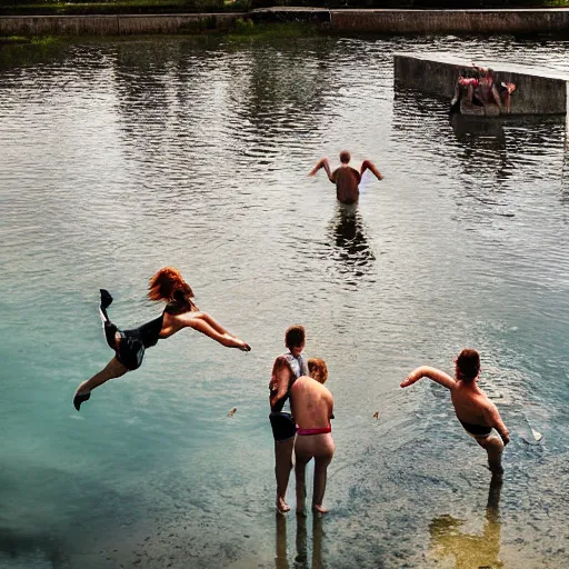 Image similar to a photograph of people diving in the waterfilled limestone quarry in gronhogen, oland, sweden, summertime, magical light