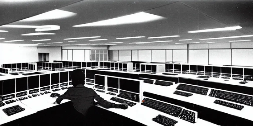 Image similar to a large 1970's computing room with 9-track machines and glowing screens. by IBM by Amdahl.