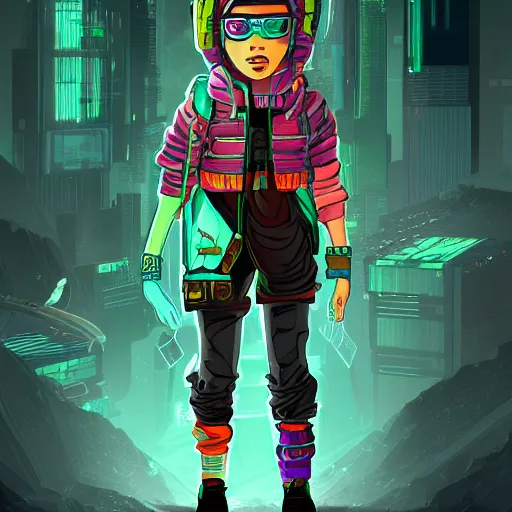 Prompt: in the style of ghostshrimp and bubbltek a highly detailed character concept illustration of a young mixed race explorer wearing a cyberpunk headpiece