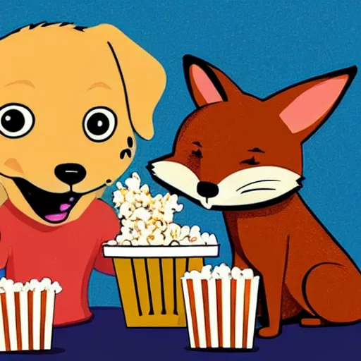 Prompt: a dog and a fox and a rabbit eating popcorn and watching a movie