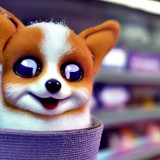 Image similar to a corgi furby toy on a store shelf, close - up photo, uncanny, nostalgic