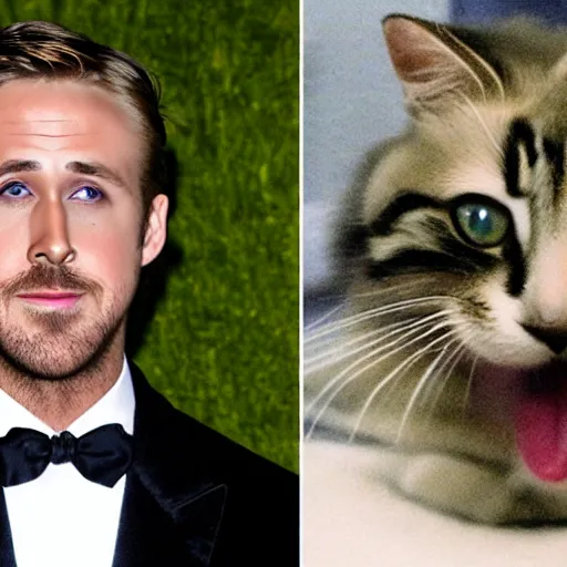 Prompt: ryan gosling turning into a cat