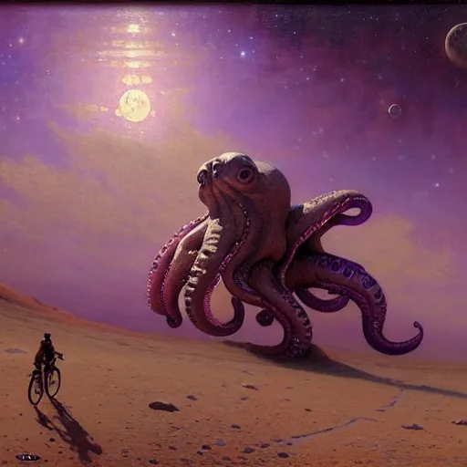 Prompt: a giant purple octopus riding a bicycle on the moon. highly detailed painting by gaston bussiere, greg rutkowski, j c leyendecker 8 k