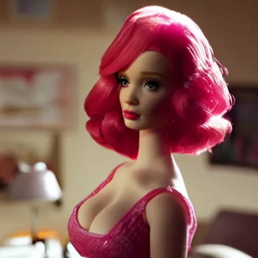 Image similar to amazing beautiful Christina Hendricks barbie doll in the living room, film still from the movie directed by Denis Villeneuve , wide lens