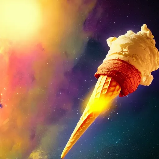 Prompt: dramatic render of a rocket powered ice cream cone flying through a space nebula of flavors, cgsociety, artstation, 4k