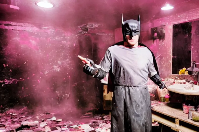 Image similar to michael keaton as batman wearing pink frilly apron offering free beer in dirty disgusting brown bathroom with cracked tiles and mold, atmospheric eerie lighting, dim lighting, bodycam footage, motion blur, blurry photography