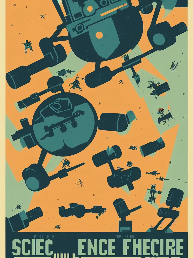 Image similar to tom whalen poster illustration of a large retro science fiction robot battle above city neighbourhood, vintage muted colors, some grungy markings