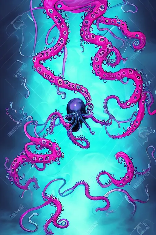 Image similar to pink and blue ooze monster with black eyes and reflective liquid, tentacles, imaginary concept villian. beautiful lighting, misty cloudy atmosphere