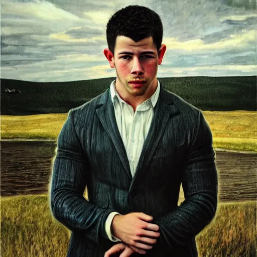 Image similar to high quality, high detail, realistic portrait of nick jonas, painted by andrew wyeth, dramatic lighting, cinematic composition