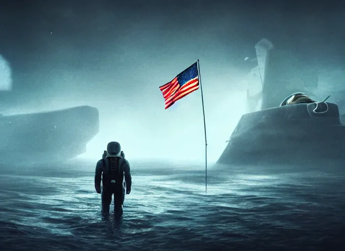 Image similar to astronaut holding a flag in an underwater desert. a submarine is visible in the distance. dark, concept art, cinematic, dramatic, atmospheric, 8 k, trending on artstation, blue, fish, low visibility, fog, ocean floor, christopher nolan, interstellar